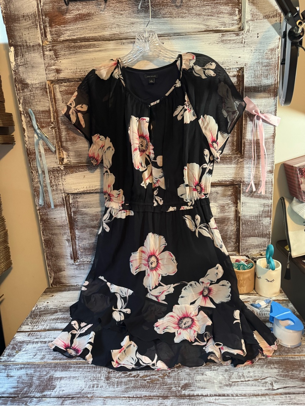 Ann Taylor Black Midi Dress with Pink & Cream Floral Print